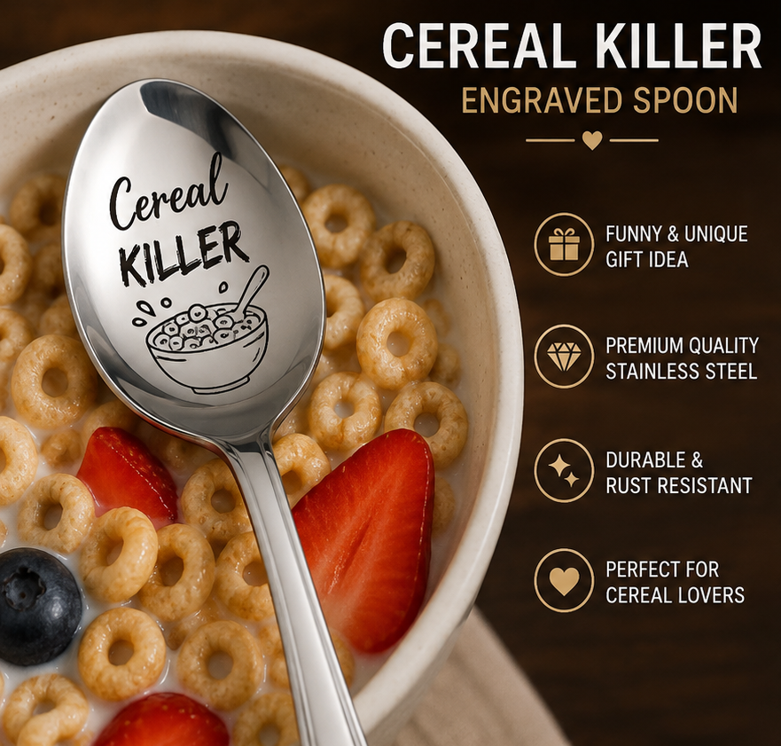 Cereal Killer Engraved Spoon | Funny Breakfast Gift | Stainless Steel Spoon for Cereal Lovers