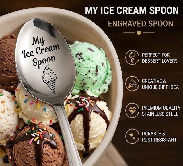 Personalized Ice Cream Spoon, Custom Name Engraved Spoon, Stainless Steel Dessert Spoon, Ice Cream Lover Gift, Birthday Gift, Stocking Stuffer